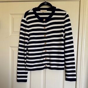 Sezane Navy and White Striped Organic Cotton Cardigan